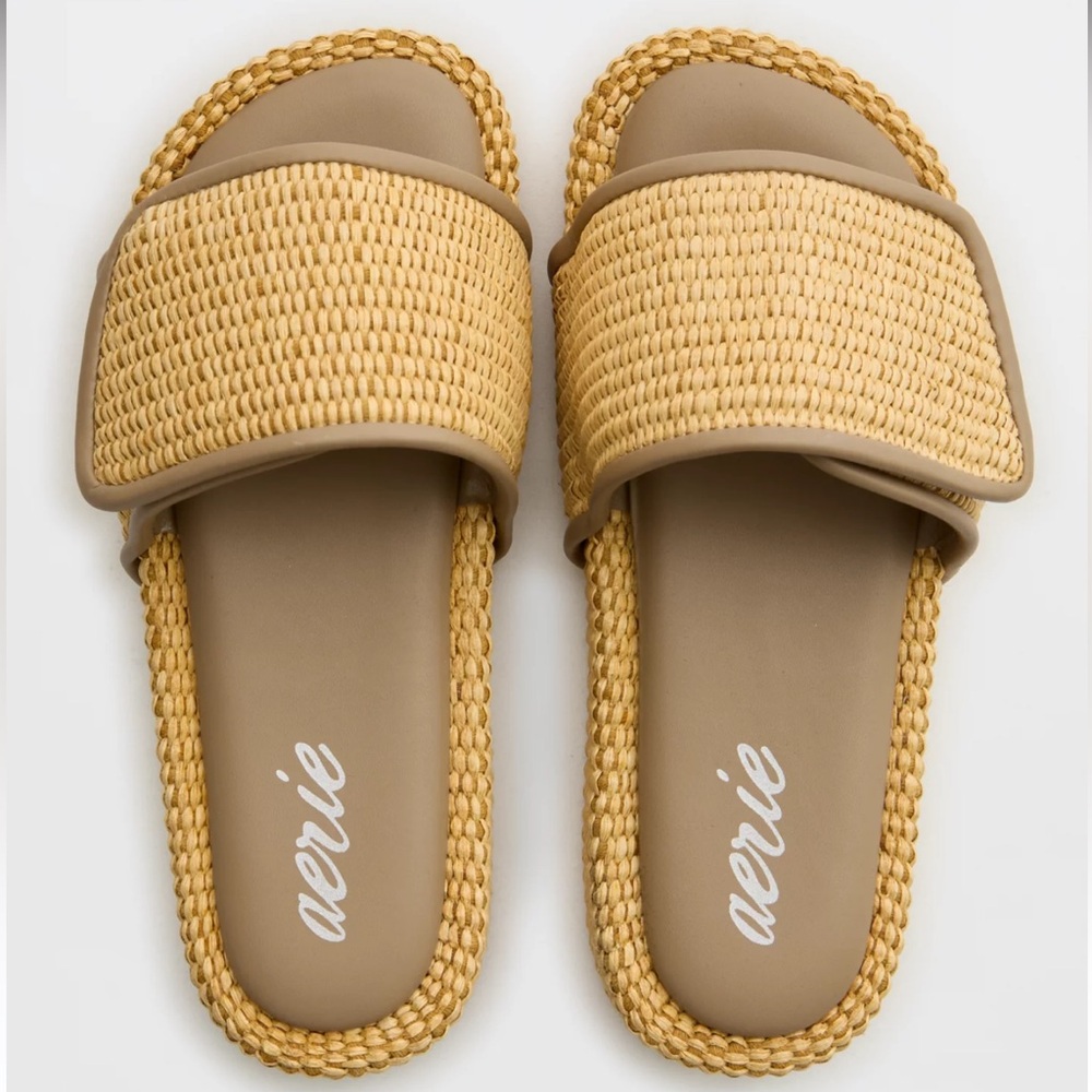 Aerie Straw Sandal Beige Woven Summer Slides Straw Natural Boho Women’s SZ 9 NEW